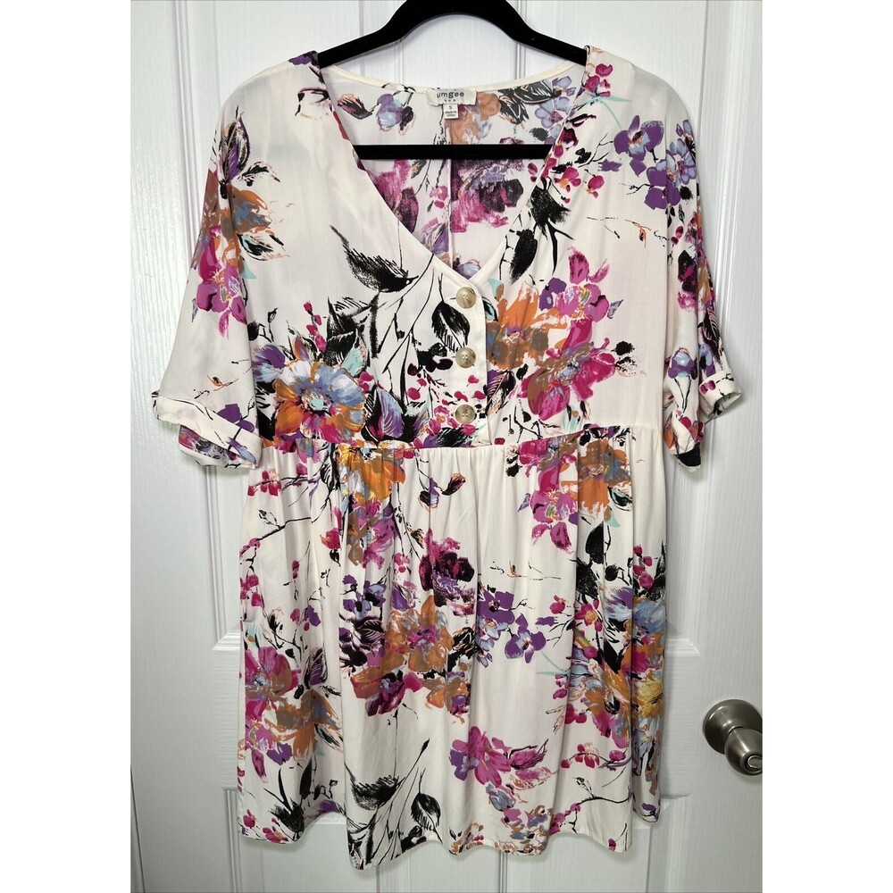 Umgee Floral Tunic Babydoll Dress Size Small Boho Festival Short Sleeve